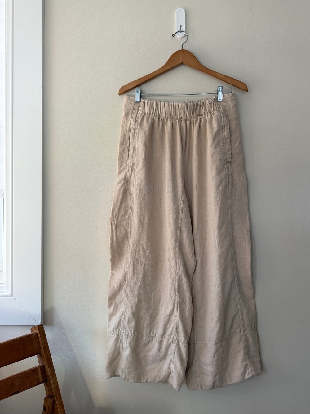 Free People Pink Beige Wide-Leg Cropped Linen Blend Pant